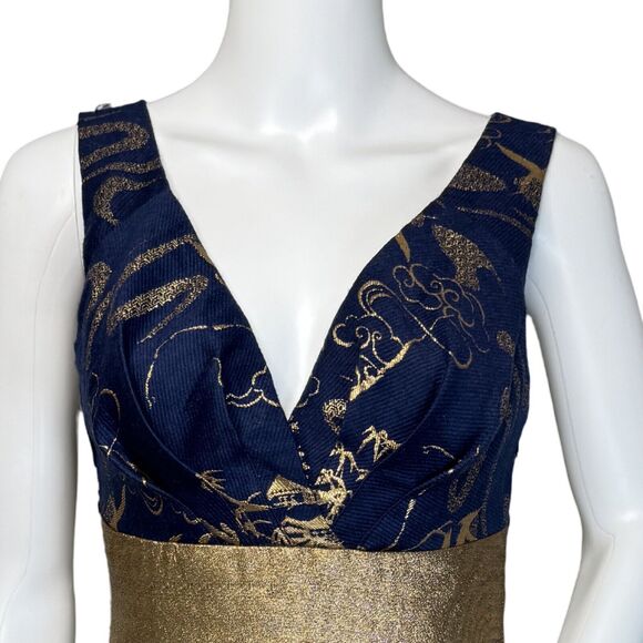 Anthropologie Eva Franco Dress Womens 2 Blue Gold Floral ShangriLa Kora Jacquard - Picture 5 of 9
